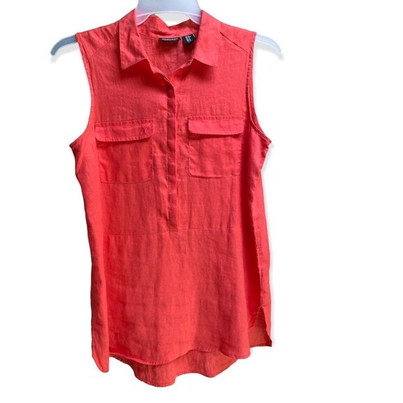 Jones & Co size M Coral red linen popover sleeveless shirt tunic cruise resort - Picture 4 of 8